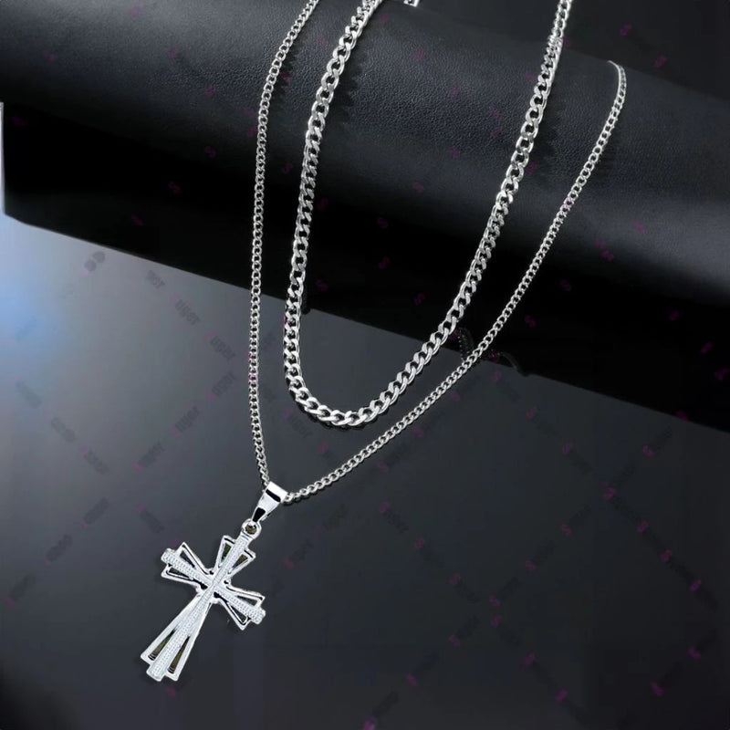 Kit 2 corrente com pingente Correntinha Masculina Banhada Prata colar aço inox Pingente Cruz Palito
